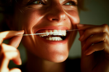 Beautiful and healthy teeth in a smiling mouth, woman using dental floss, close-up shot emphasizing oral hygiene and clean white teeth, concept of daily dental care