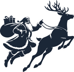 Silhouette of Santa Claus flying with reindeer isolated simple vector art on white background