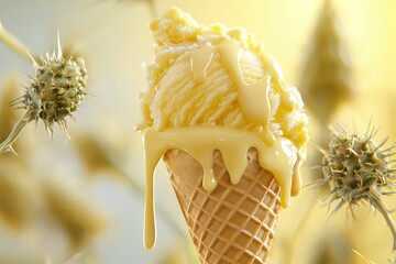 Melting ice cream cone with creamy sauce, surrounded by plants.