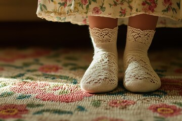 Close-up View of Delicate Handknit Lace Socks on a Floral Patterned Rug Under Soft Natural Light, Showcasing Cozy Indoor Comfort and Warmth