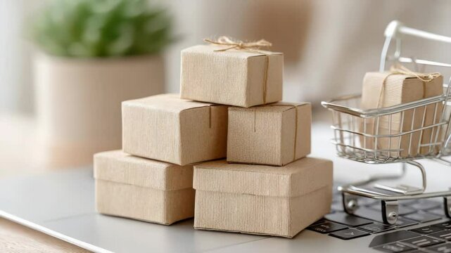 Online Shopping Concept: Stack of Brown Paper Gift Boxes on Laptop Keyboard with Miniature Shopping Cart, E-commerce and Delivery Services