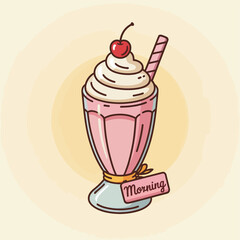 Retro Pink Milkshake Illustration with Whipped Cream, Cherry, Striped Straw & "Morning" Tag. Ideal for Cafe Menu, Diner Graphic, Sweet Breakfast Treat, or Nostalgic Dessert Ad.