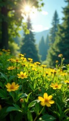 Obraz premium Sunlight dapples vibrant yellow jessamine blossoms amidst lush green wilderness , macro photography, vibrant, botany