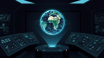Rotating holographic Earth in a futuristic control room style with blinking consoles in dark and teal colors, representing global monitoring and technological advancement. - Powered by Adobe