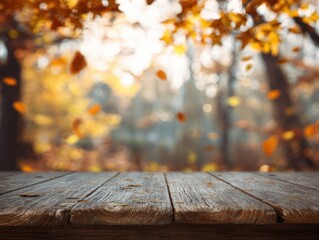 Rustic wooden table surface with falling autumn leaves bokeh background in a forest setting, eye-level perspective, cozy seasonal mood