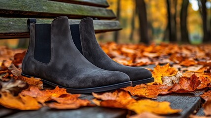 Dark gray suede boots on a park bench in autumn leaves