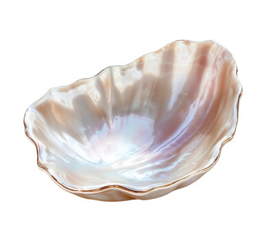 Iridescent Shell-Shaped Decorative Bowl with Wavy Edges and Pearl-Like Finish. seashell Dish in Pastel Tones of Pink, Beige, White. Home Decor, Ocean-Inspired Tableware, Coastal Interior Accent