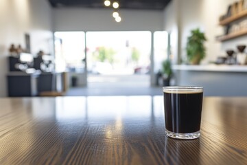 Coffee in a Glass on a Wooden Table in a Bright and Modern Coffee Shop Interior with Natural Light and Green Plants in the Background
