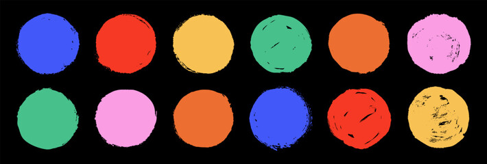 Bright children art circles. Ink brush hand painted round shapes. Vector hand drawn acrylic gouache textures on black. Colorful rough distressed circles, grungy logo templates. Messy kids illustration