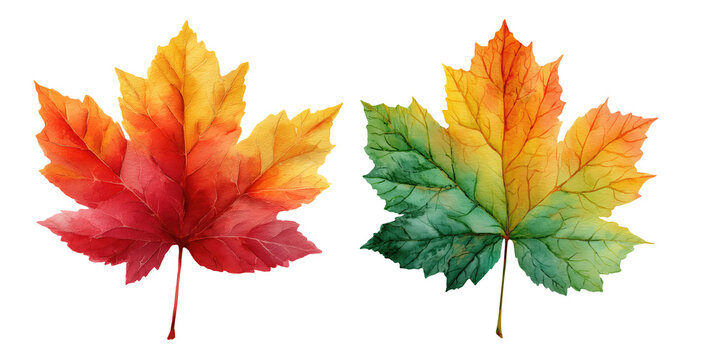 Two Colorful Maple Leaves with Gradient Autumn Shades, Forest, Thanksgiving. Autumn Equinox, Maple Leaf Day, Canadian Thanksgiving, World Nature Day, International Day of Forests, National Tree Day, L - Powered by Adobe