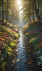 Obraz premium Sun-dappled stream flows through vibrant floral forest , bloom, habitat, image