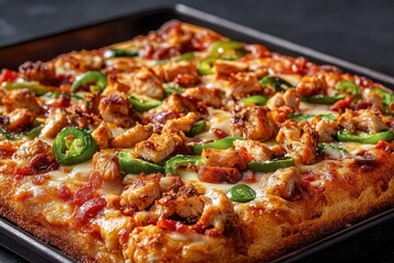 Crispy square pizza topped with grilled chicken, cheese, & fresh jalapeños. It shows culinary delight, perfect for restaurant menus or food blogs.