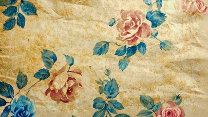 vintage roses with blue leaves on textured paper for aged look and feel