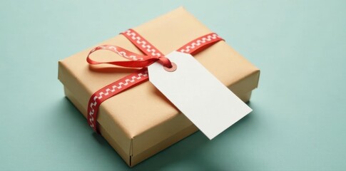 Clean gift tag on craft paper box, neutral background, white, simple, tag