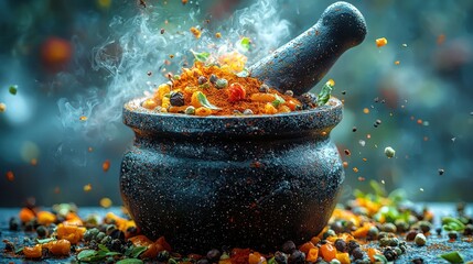 Dark stone mortar filled with vibrant spices erupting in steam and scattered ingredients
