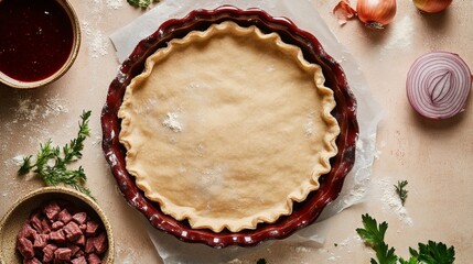 Deconstructed pie preparation with ingredients for baking enthusiasts