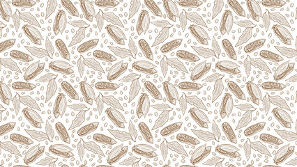 Seamless pattern of cocoa pods leaves and beans in light brown on a white background in a hand drawn style