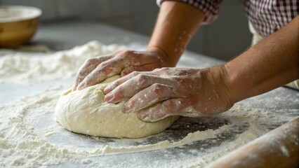 Fototapeta premium Baker kneading dough on a floured surface in a cozy kitchen setting.