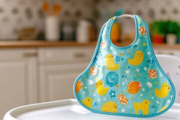 Colorful Baby Bib with Cute Animal Designs on a High Chair in a Bright and Cheerful Kitchen Setting for Feeding Time Convenience and Joy