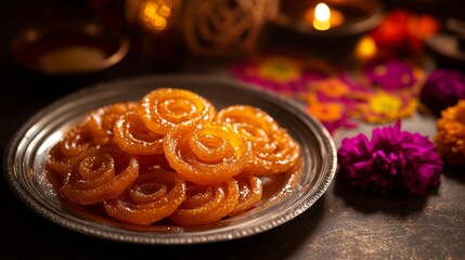 Diwali celebration with traditional indian jalebi and festive decorations