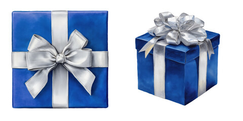 Blue Gift Boxes with Silver Ribbons and Bows. Christmas, New Year’s Eve, Birthday, Hanukkah, Corporate Gift, Luxury Packaging, Holiday Sale, Special Occasion Marketing