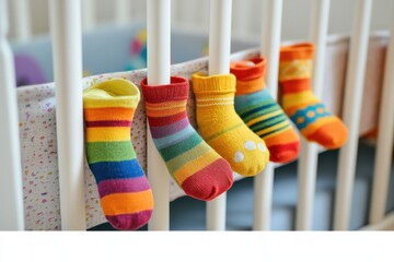 Colorful Baby Socks Hanging on a Crib, Displaying Various Patterns and Vibrant Colors, Perfect for a Child's Nursery or Toddler Room Decor Theme