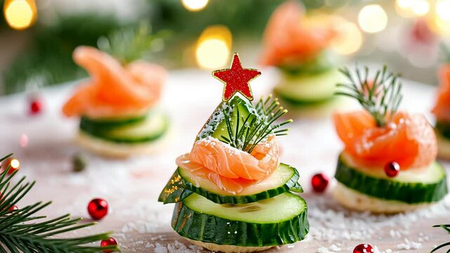 Festive salmon canapes with cucumber and dill for holiday celebrations.