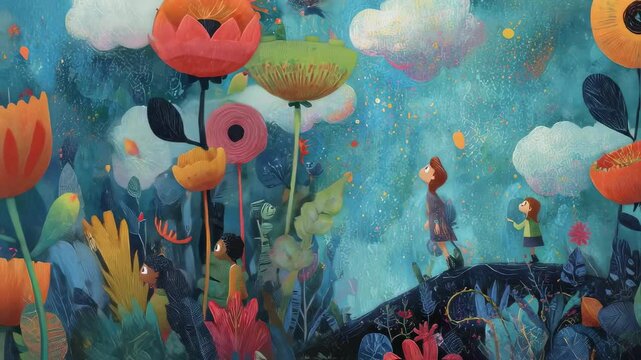 Whimsical animation depicts children strolling through a vibrant garden filled with oversized, colorful flowers, under a whimsical sky with fluffy clouds and a playful bird