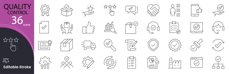Quality control icon set. Inspection and assurance related line icons: checklist, microscope, testing, approval, standards, audit, measurement, certification, process, defect detection and more.