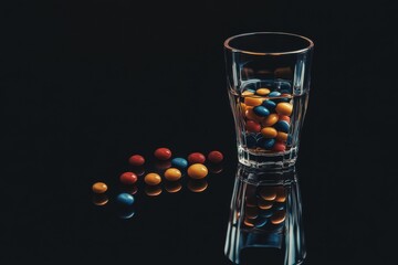 Colorful Candies Reflected in a Glass with Dark Background Showcasing Sweet Treats, Vibrant Colors, and Playful Arrangement of Edible Delights for Creative Projects