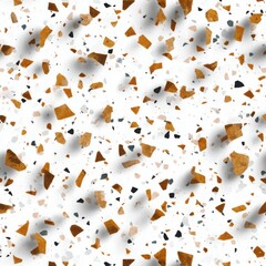 Abstract seamless terrazzo pattern with playful ash brown geometric fragments in vivid ash brown scattered on a clean white background