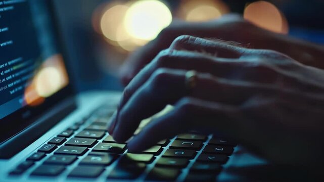 hands typing on laptop keyboard with code on screen in dim light environment