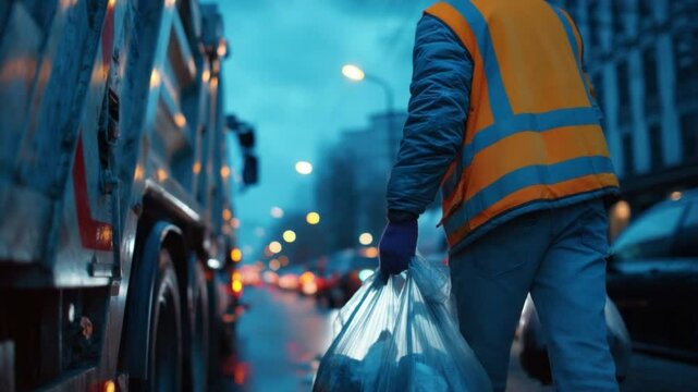 Community's Guardian: An image that highlights the dedication of sanitation worker, a silent hero, is seen meticulously collecting refuse amidst the bustling city.