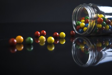 Colorful Candy Balls Spilled from Jar on Reflective Surface, Highlighting Vivid Colors and Still-Life Composition with Glossy Background