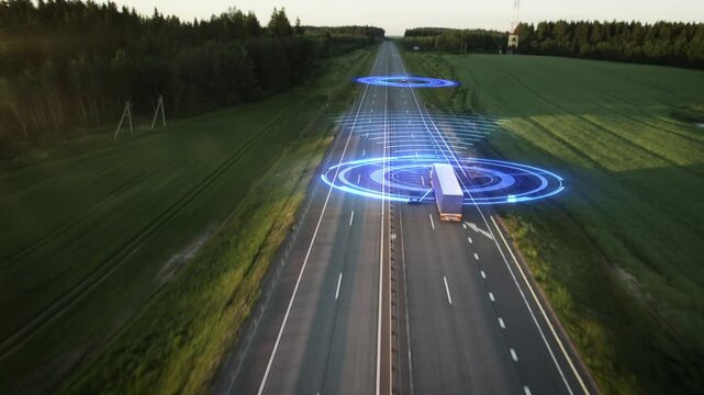 Autonomous truck driving on a highway with digital HUD elements visualizing smart technology and vehicle sensors. Concept of self-driving transport, AI logistics, and future of freight mobility, 4k.