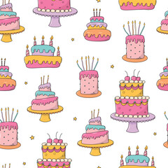 birthday cakes doodles seamless pattern for gift wrap, backgrounds, wallpaper, scrapbooking, stationery, textile prints, cards, banners, etc. EPS 10