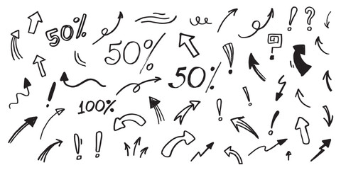 Hand drawn set elements, doodle lines, abstract arrows and other elements in a hand drawn style for concept designs. Scribble illustration. Vector illustration