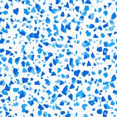 Abstract seamless terrazzo pattern with playful blue geometric fragments in vivid blue scattered on a clean white background