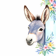 Donkey Peeking: A charming illustration of a donkey playfully peeking out from the corner, framed by colorful floral arrangements, exuding a sense of curiosity and joy.