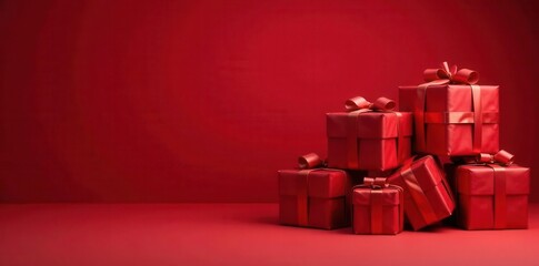 Pile of red presents, deep red background, festive scene , winter, color