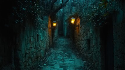 Obraz premium Mysterious, stone alleyway at night