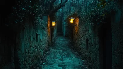 Mysterious, stone alleyway at night