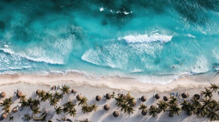 Aerial View of Turquoise Ocean Waves Crashing on Tropical Beach with Palm Trees and People Swimming in Cancun Mexico