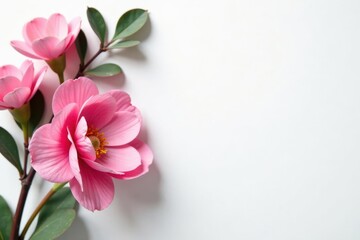 Fototapeta premium Pink floral arrangement, eucalyptus, white background Flat lay , wedding, nature, composition