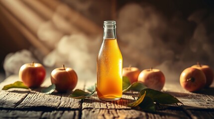 Naklejka premium Apple Cider Bottle on Rustic Table