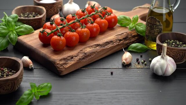 Fresh Cherry Tomatoes on Wooden Board with Basil and Garlic Still Life in Dark Wooden Table