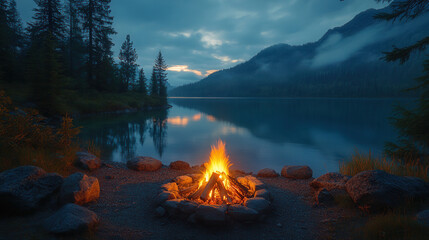 Cozy campfire by a calm lake during twilight, surrounded by nature 