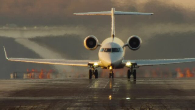 Small Jet Lifts off from Runway at Sunset