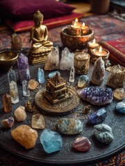 Spiritual still life featuring Buddha statue crystals and candles on ornate tray in warm lighting meditation concept