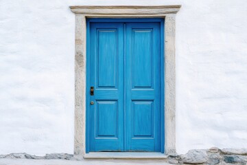Fototapeta premium Vibrant blue wooden door on whitewashed wall